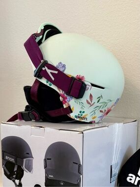 anon. Kids S/M Floral Ski/Snowboard Helmet with Plum Straps and Mint/White Shell